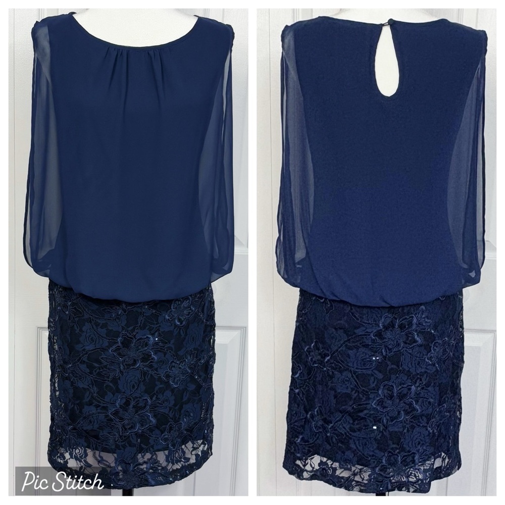 NWT Scarlett Navy Blue Sheer Chiffon Sequined Floral Lace Sheath Dress 4